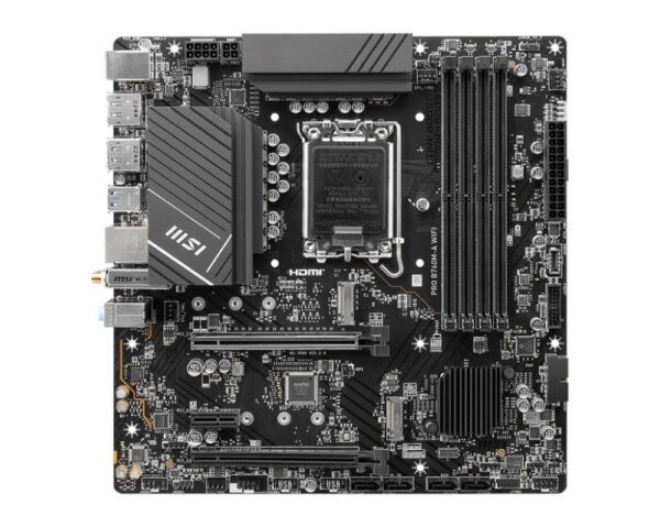 Mainboard|MSI|Intel B760 Express|LGA1700|Micro-ATX|Memory DDR5|Memory slots 4|1xPCI-Express 1x|2xPCI-Express 16x|2xM.2|2xHDMI|2xDisplayPort|2xUSB 2.0|4xUSB 3.2|1xPS/2|1xRJ45|3xAudio port|PROB760M-AWIFI - Image 2