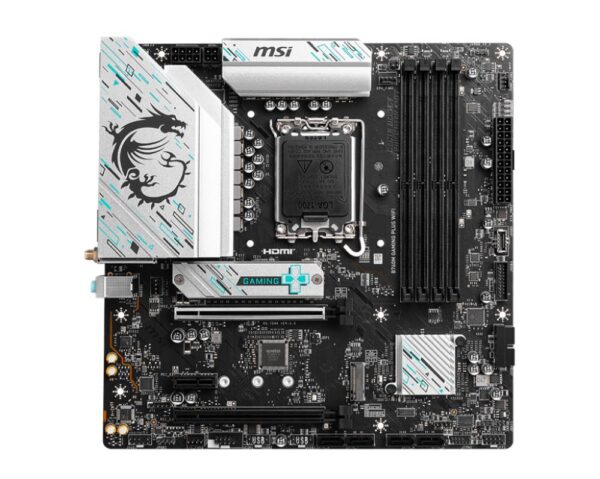 Mainboard|MSI|Intel B760 Express|LGA1700|Micro-ATX|Memory DDR5|Memory slots 4|1xPCI-Express 3.0 1x|1xPCI-Express 4.0 4x	|1xPCI-Express 4.0 16x|2xM.2|2xHDMI|2xDisplayPort|2xUSB 2.0|4xUSB 3.2|1xPS/2|1xRJ45|3xAudio port|B760MGAMINGPLUSWIFI - Image 2