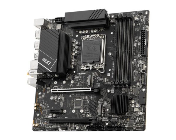 Mainboard|MSI|Intel B760 Express|LGA1700|Micro-ATX|Memory DDR5|Memory slots 4|1xPCI-Express 1x|2xPCI-Express 16x|2xM.2|2xHDMI|2xDisplayPort|2xUSB 2.0|4xUSB 3.2|1xPS/2|1xRJ45|3xAudio port|PROB760M-AWIFI - Image 3