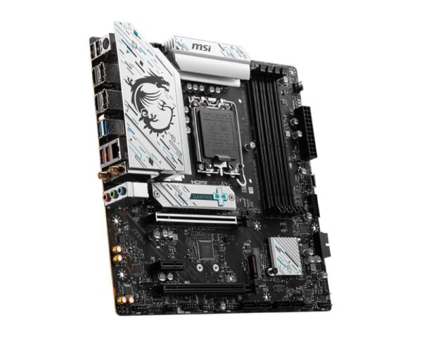 Mainboard|MSI|Intel B760 Express|LGA1700|Micro-ATX|Memory DDR5|Memory slots 4|1xPCI-Express 3.0 1x|1xPCI-Express 4.0 4x	|1xPCI-Express 4.0 16x|2xM.2|2xHDMI|2xDisplayPort|2xUSB 2.0|4xUSB 3.2|1xPS/2|1xRJ45|3xAudio port|B760MGAMINGPLUSWIFI - Image 4