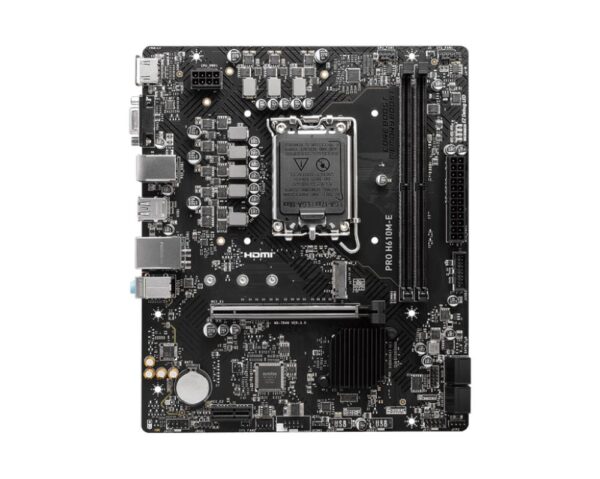 Mainboard|MSI|Intel H610|LGA1700|Micro-ATX|Memory DDR5|Memory slots 2|1xPCI-Express 1x|1xPCI-Express 16x|1xM.2|1x15pin D-sub|1xHDMI|4xUSB 2.0|2xUSB 3.2|1xPS/2|1xRJ45|3xAudio port|PROH610M-E - Image 2