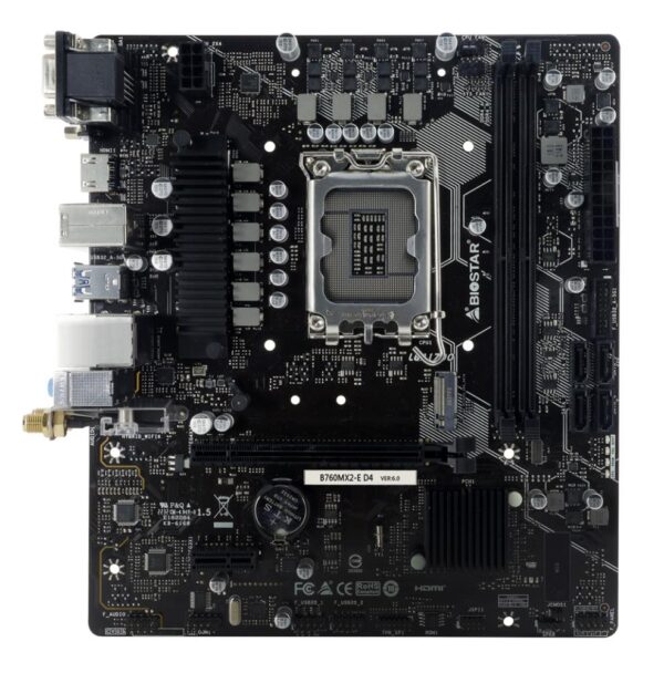 Mainboard|BIOSTAR|Intel B760 Express|Micro-ATX|Memory DDR4|Memory slots 2|1xPCI-Express 3.0 1x|1xPCI-Express 4.0 16x|2xM.2|1x15pin D-sub|1xDVI-D|1xHDMI|4xUSB 2.0|2xUSB 3.2|1xPS/2|1xRJ45|3xAudio port|B760MX2-ED4 - Image 2